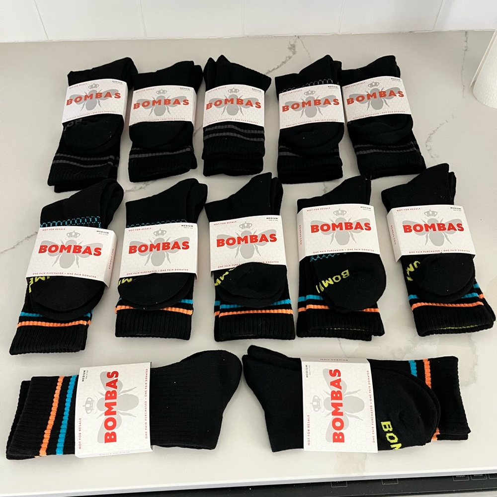 12 Pair BOMBAS Black Stripes Honeycomb Socks Mens 6-9 Womens 8-10.5 Medium